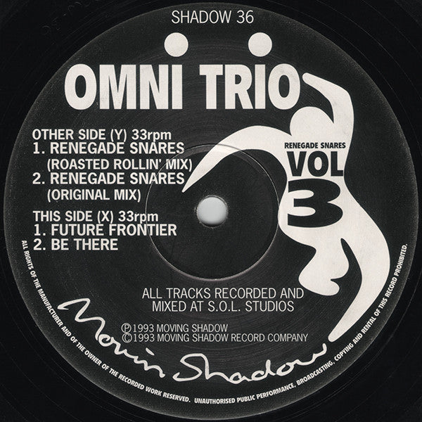 Image of Label Cover of 12" - G+/G - OMNI TRIO, Renegade Snares - Vol 3 (Moving Shadow; SHADOW 36, UK 1993, Picture Sleeve), Lots of marks and scuffs on disc, close to G+, sleeve has lots of general wear, creasing and ringwear., - 1516025C