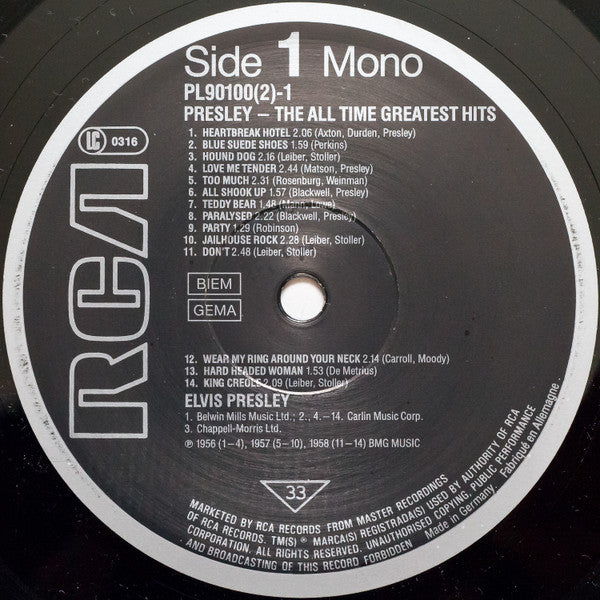 Image of Label Cover of 2xLP - VG+/VG+ - ELVIS PRESLEY, The All Time Greatest Hits (RCA; PL 90100, UK 1987, Gatefold), , - 2626110E