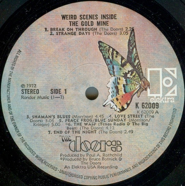 Image of Label Cover of 2xLP - G/G - THE DOORS, Weird Scenes Inside the Gold Mine (Elektra Butterfly, No w Logo on Rim; K 62009, UK 1972, Gatefold, Autocoupled), , - 2226035E