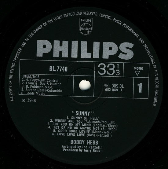 Image of Label Cover of LP - VG/VG - BOBBY HEBB, Sunny by Bobby Hebb (Philips; BL7740, UK 1966, Mono), Light hairlines. Small tear on front cover. Staining on rear., - 3626165E