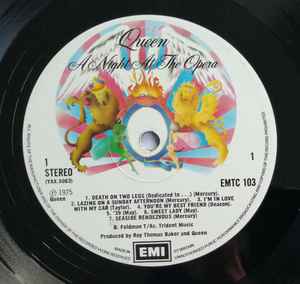 Image of Label Cover of LP - G+/VG - QUEEN, A Night at the Opera (EMI; EMTC 103, UK 1975, Embossed Gatefold Sleeve, Inner With 3 Cut Corners, YAX 5063/4-2 & "BLAIRS" In Run Off, First Pressing), Sticker Damage To Sleeve, Edge Damage, Sleeve Dirty, - 3426097E