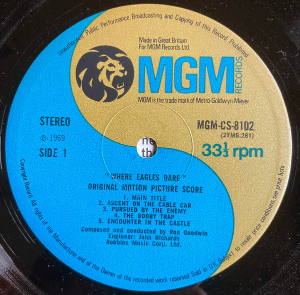 Image of Label Cover of LP - VG/VG+ - RON GOODWIN, Where Eagles Dare - Original Motion Picture Soundtrack (MGM Blue and Gold; CS 8102, UK 1969, Laminated Flipback Sleeve), , - 4326304E