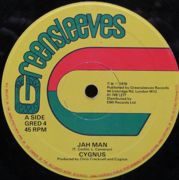Image of Label Cover of 12" - VG/VG+ - CYGNUS, Jah Man / Babylon (Greensleeves Records; GRED 4, UK 1978, Company Sleeve), , - 3726219E