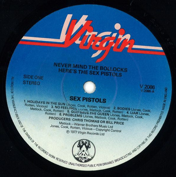 Image of Label Cover of LP - VG/VG - SEX PISTOLS, Never Mind the Bollocks (Virgin Blue & White; V2086, UK 1977, 12 Titles on Rear.), Edgewear, creases. Many light hairlines., - 2726008E