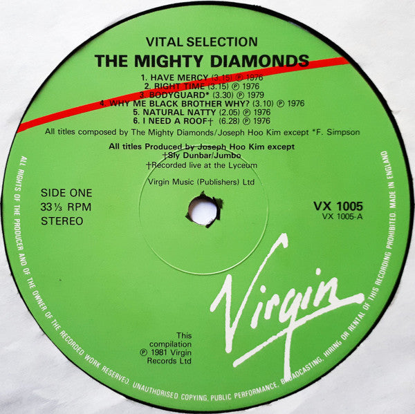 Image of Label Cover of LP - VG/VG+ - THE MIGHTY DIAMONDS, Vital Selection (Virgin; VX1005, UK 1981), Light hairline mark., - 4126068E