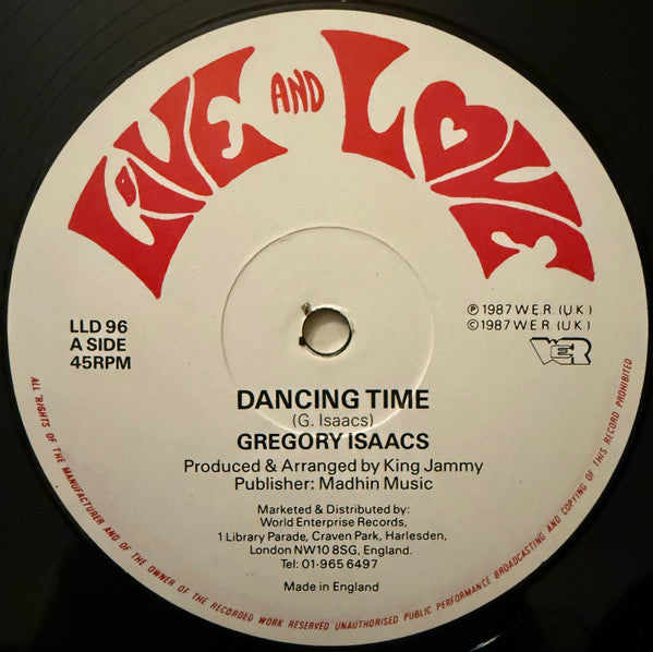 Image of Front Cover of 0915387C: 12" - GREGORY ISAACS, Dancing Time (Live & Love; LLD 96, UK 1987) Couple hairlines, plays EX. Killer King Jammy's production. /VG+