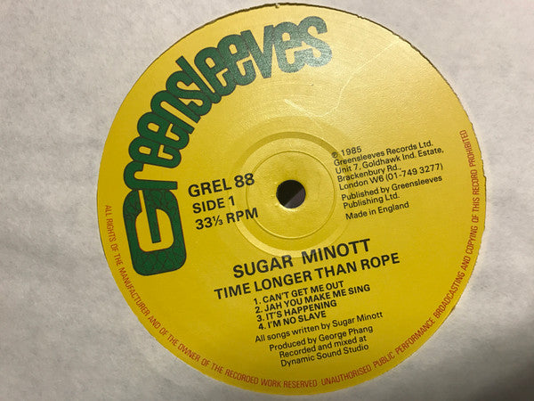 Image of Label Cover of LP - VG/VG - SUGAR MINOTT, Time Longer Than Rope (Greensleeves Records; GREL 88, UK 1986), Slight crease on sleeve. Light marks ., - 4126070E