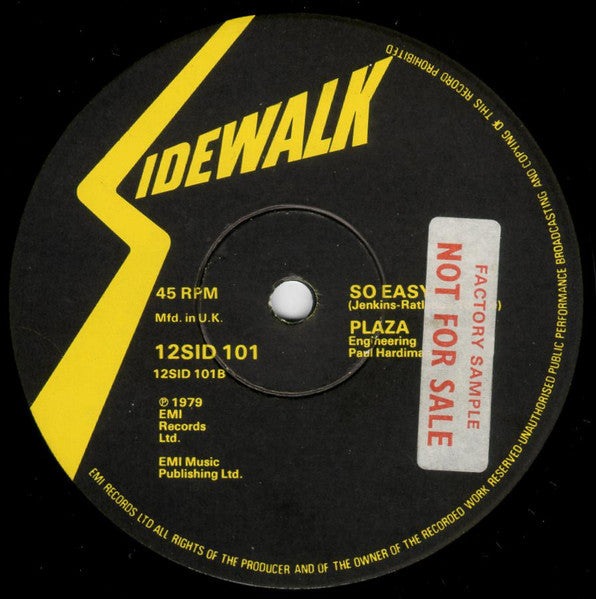 Image of Label Cover of 12" - VG/VG+ - PLAZA, (Got My) Dancing Shoes / So Easy (Sidewalk; 12 SID 101, UK 1979, Company Sleeve), Light marks on vinyl. Plays well. Light evidence of previous price sticker on company sleeve. Light ringwear., - 1826135E