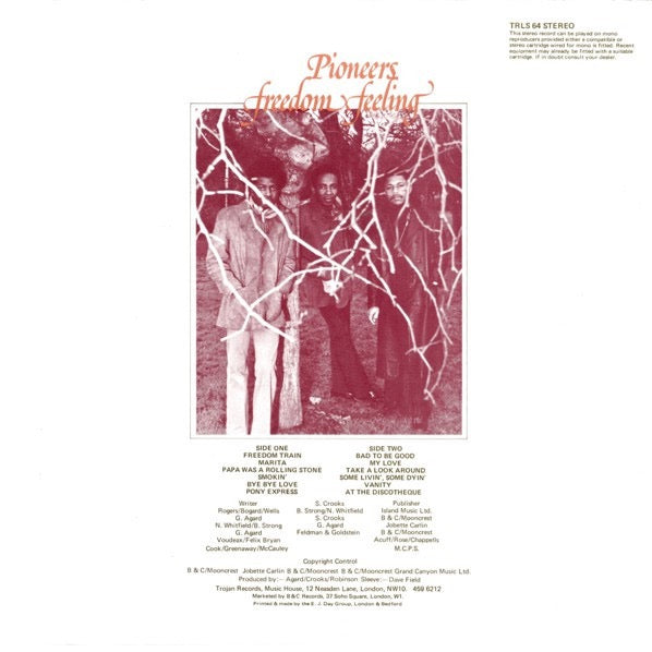 Image of Back Cover of LP - G+/G+ - THE PIONEERS, Freedom Feeling (Trojan Records; TRLS 64, UK 1973), Sticker damage and some stains to sleeve. Disc has light marks only., - 2416579C