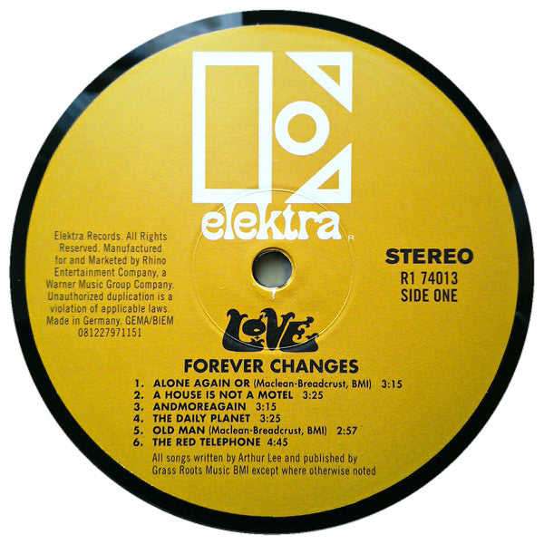 Image of Label Cover of LP - NEW/NEW - LOVE, Forever Changes (Rhino; 8122797115, Europe 2012 Reissue, 180 Gram Vinyl), , Forever Changes (1967) is the Love's third studio album. The band adopted a more subtle folk-oriented sound and orchestration for the album, while primary songwriter Arthur Lee explored darker themes alluding to mortality and his growing disillusionment with 1960s counterculture. It was the final album recorded by the original band lineup; after its completion, Bryan Maclean abruptly - 0