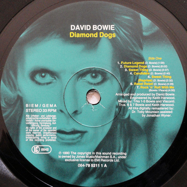 Image of Label Cover of LP - VG/VG - DAVID BOWIE, Diamond Dogs (EMI; EMC3584, UK 1990 Reissue, Gatefold With Restored Original Anatomically Correct Sleeve, With 2 Bonus Tracks), Hairlines, edge wear, with hype sticker, - 3046288S