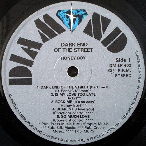 Image of Label Cover of LP - G+/G+ - HONEY BOY, At The A Dark End Of The Street (Diamond; DM-LP 402, UK 1978, Laminated Front Sleeve), WOS., - 2546074S