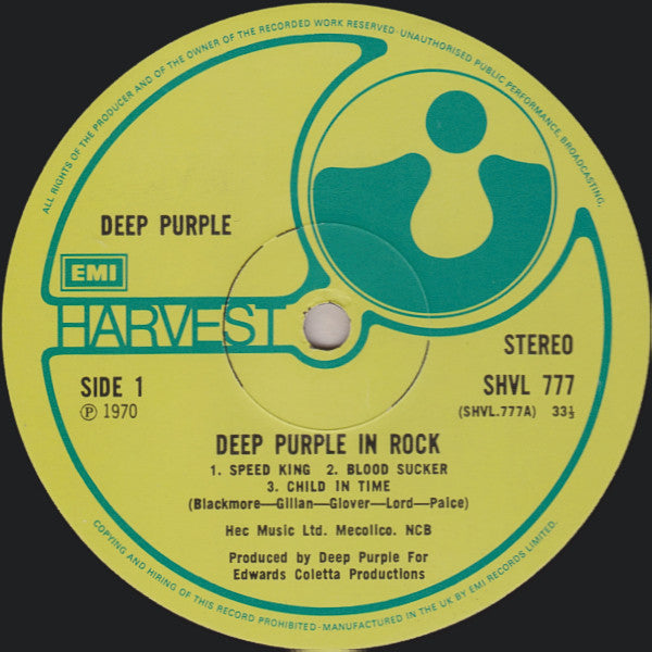 Image of Label Cover of LP - G+/G+ - DEEP PURPLE, Deep Purple In Rock (Harvest Green, EMI On Rim, EMI Box; SHVL777, UK 1970, Laminated Gatefold Sleeve), Stickers and some scribbling on cover. WOL. , - 2846087S