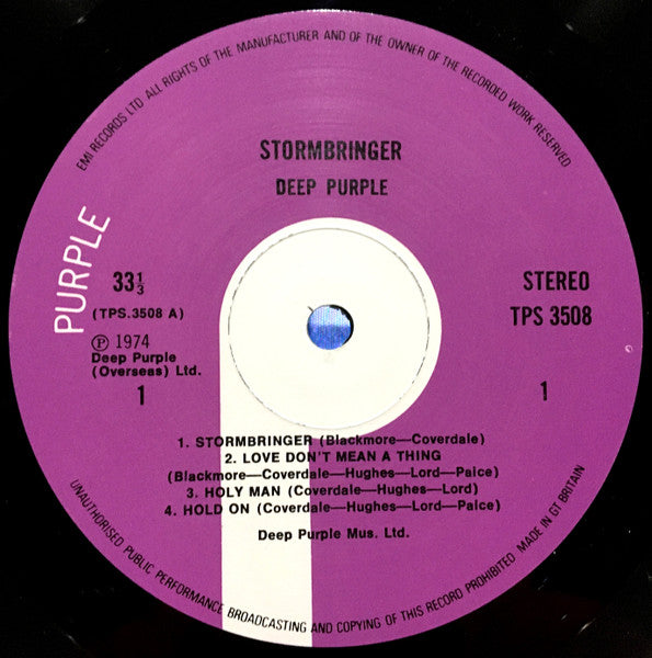 Image of Label Cover of LP - VG/G+ - DEEP PURPLE, Stormbringer (Purple; TPS3508, UK 1974, Garrod & Lofthouse Sleeve, 1st Pressing - A1U/B1U Matrix - No EMI Logo), Edge wear and creasing. Hairlines across disc., - 1346257S