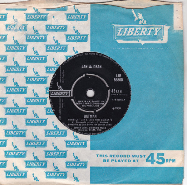Image of Label Cover of 7" - VG/EX - JAN & DEAN, Batman / Bucket "T" (Liberty; LIB 55860, UK 1963, Company Sleeve), , - 3825452E