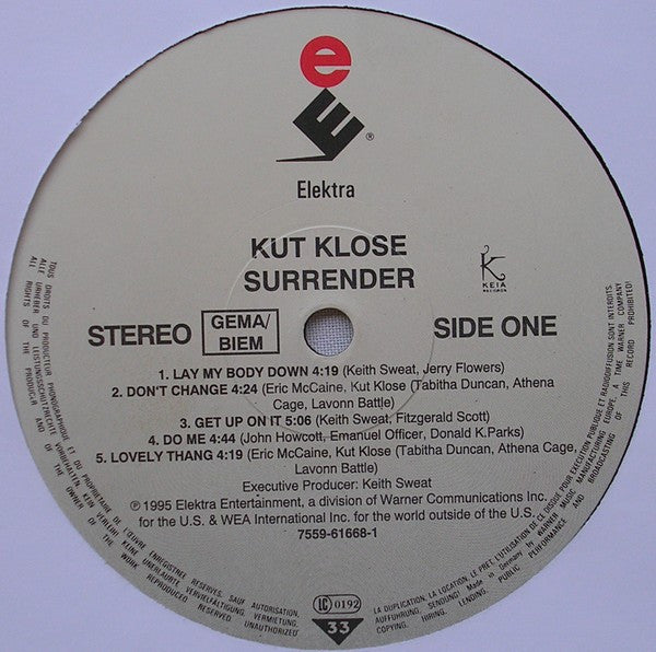 Image of Label Cover of LP - VG/G - KUT KLOSE, Surrender (Elektra; 7559-61668-1, Germany 1995, Inner), Lots of light marks but plays pretty well with only some light surface noise. Sleeve is a strong VG., - 3816382C