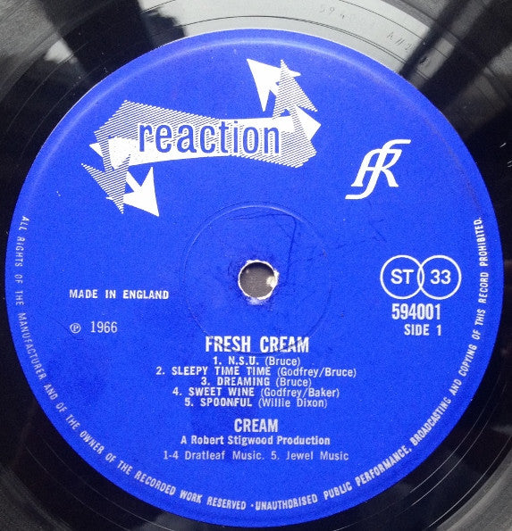 Image of Label Cover of LP - VG/VG+ - CREAM, Fresh Cream (Reaction; 594001, UK 1966, Laminated Front Sleeve, Stereo), Strong VG+, Sleeve Creased, - 4226307E