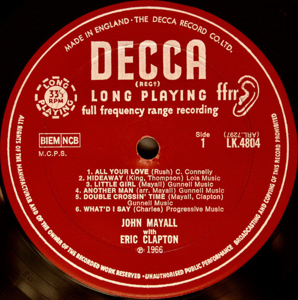 Image of Label Cover of LP - VG/G+ - JOHN MAYALL WITH ERIC CLAPTON, Blues Breakers (Decca Red Unboxed; LK4804, UK 1967 Reissue, Non-Flipback Sleeve, Mono), Strong VG sleeve, Very small area of discolouration/staining to lower rear sleeve, Otherwise clean and VG+, Disc has some light marks when held under light but has good gloss, Strong G+. , - 316082C