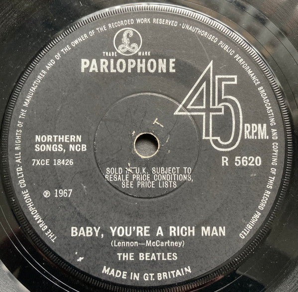Image of Back Cover of 7" - VG+/EX - THE BEATLES, All You Need Is Love / Baby, You're A Rich Man (Parlophone; R 5620, UK 1967, Company Sleeve, 1st Press. No "Live Transmission" Text On Label. Solid Centre.), Nice Copy, - 4226120E