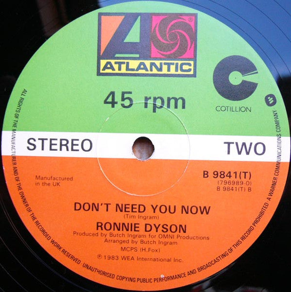 Image of Back Cover of 12" - /EX - RONNIE DYSON, All Over Your Face / Don't Need You Now (Atlantic; B9841(T), UK 1983, Plain Sleeve), , - 4346165S