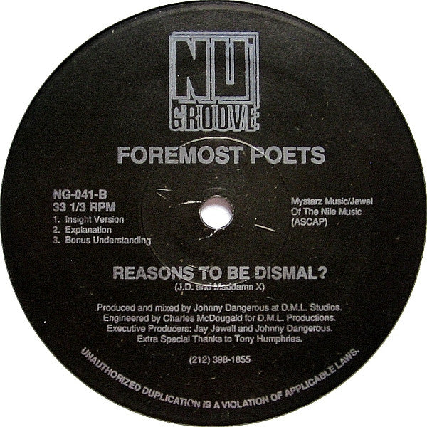 Image of Back Cover of 12" - /VG+ - FOREMOST POETS, Reasons To Be Dismal? (Nu Groove; NG-041, US 1990), , - 2846045S