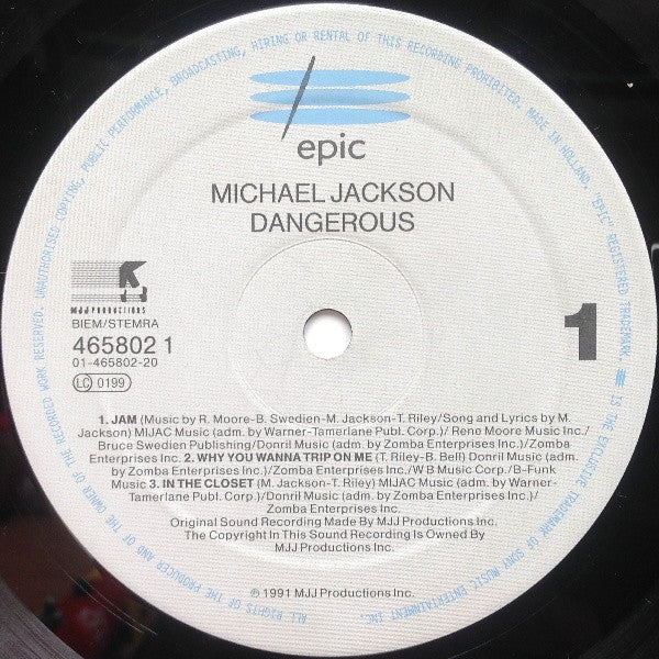 Image of Label Cover of 2xLP - VG/G - MICHAEL JACKSON, Dangerous (Epic; 465802 1, Europe 1991, 2 Inners), Sleeve has heavy edge wear. Discs have lots of marks., - 3516395C