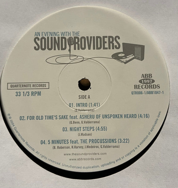 Image of Label Cover of 2xLP - VG/G+ - SOUND PROVIDERS, An Evening With The Sound Providers (ABB Records; ABB 1047-1, Quarternote Records � QTR006-1, US 2004, Picture Sleeve), Marks on disc but plays strong (well above grade). Ringwear on sleeve & some creasing., - 4246174S