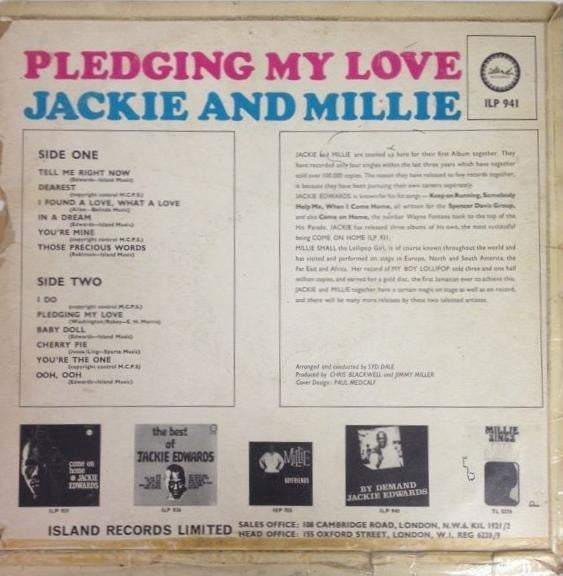 Image of Label Cover of LP - G/G - JACKIE AND MILLIE, Pledging My Love (Island Records; ILP 941, UK 1966, Laminated Flipback Sleeve), Covered in marks and scuffs, deep grooves, plays above grade, very enjoyable. Sleeve shows lots of creases, stains and general wear., - 1415202C