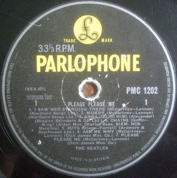 Image of Label Cover of LP - G/G+ - THE BEATLES, Please Please Me (Parlophone Black/Yellow; PMC 1202, UK 1963, Flipback Sleeve - Ernest J Day, Mono, 4th Pressing, "Parlophone Co", "Rec First Pub'' but no "Sold In UK...", Side Indicator 1 under 'is' of Publishing), Laminate bubbling and creasing to sleeve. Sellotape on rear and split on top of sleeve, light pen on front. Hairlines on record but plays well. , - 3826340E