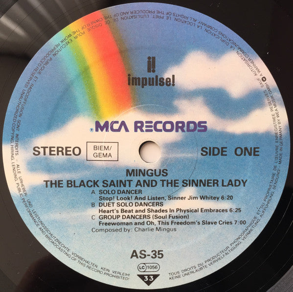 Image of Label Cover of LP - VG/VG+ - CHARLES MINGUS, Black Saint & the Sinner Lady (MCA Blue Rainbow; AS-35, Germany 1985 Reissue, Gatefold, Company Inner), , - 2626169E