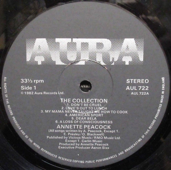 Image of Label Cover of LP - VG/VG - ANNETTE PEACOCK, The Collection (Aura Records; AUL722, UK 1982), Light marks. Light wear to sleeve with ringwear., - 1826121E