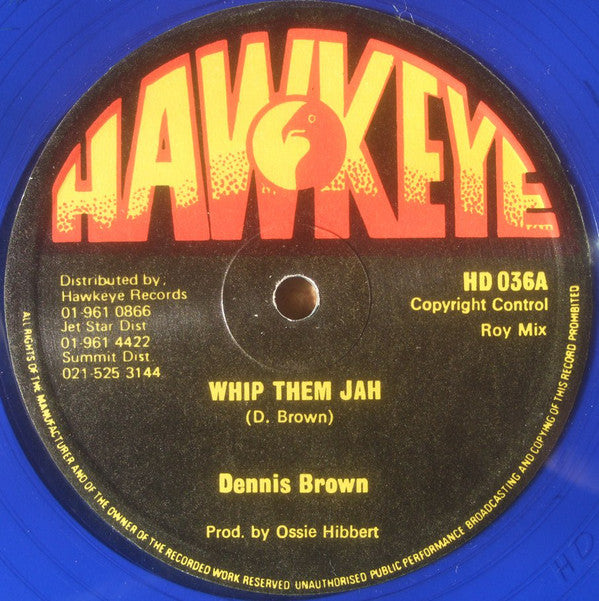 Image of Front Cover of 4815126C: 12" - DENNIS BROWN / THE JAYS, Whip Them Jah / Pretty Looks (Hawkeye; HD036, UK 1979, Company Sleeve, Blue Vinyl) G+/VG