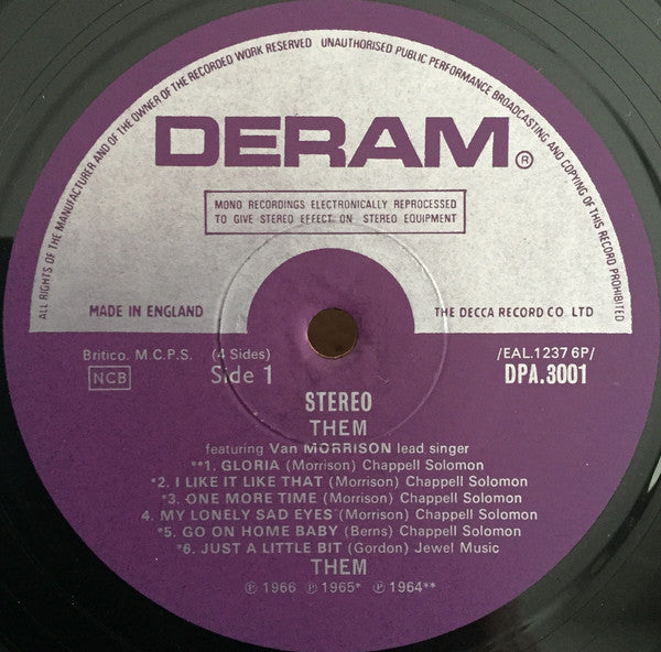 Image of Label Cover of 2xLP - G/EX - THEM, Featuring Van Morrison, Lead Singer (Deram; DPA 3001/2, UK 1973, Gatefold), Water And Sticker Damage To Sleeve, - 1326134E