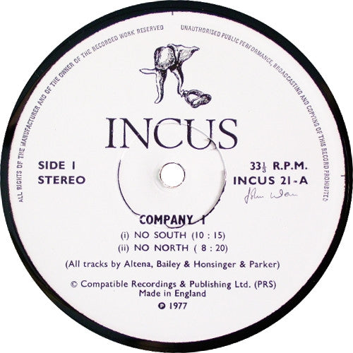 Image of Label Cover of LP - G+/VG - COMPANY (DEREK BAILEY, EVAN PARKER ETC.), Company 1 (Incus; INCUS 21, UK 1977), Sleeve essentially VG but graded down due to some tears from sticker removal. Sticker on label. Strong VG disc., - 1946117S