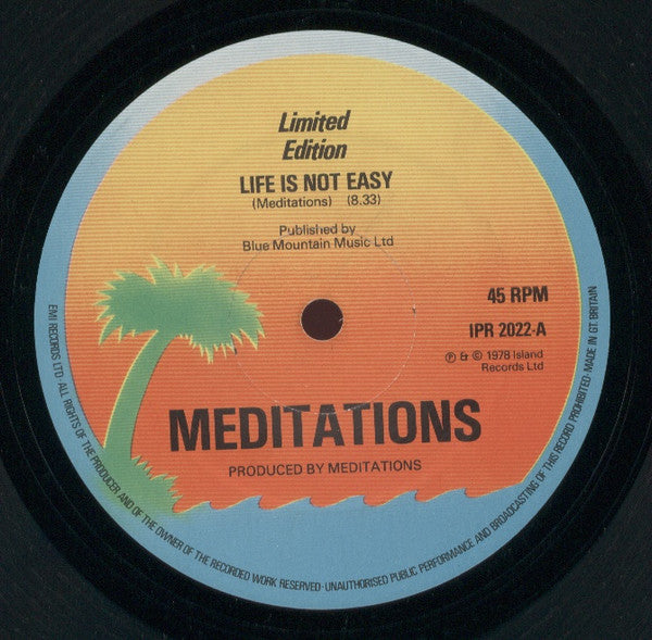 Image of Label Cover of 12" - VG/VG+ - THE MEDITATIONS, Life Is Not Easy / Much Smarter (Island Records; IPR 2022, UK 1978, Company Sleeve, Black Inner, Limited Edition), Shiny EX copy., - 3716030C