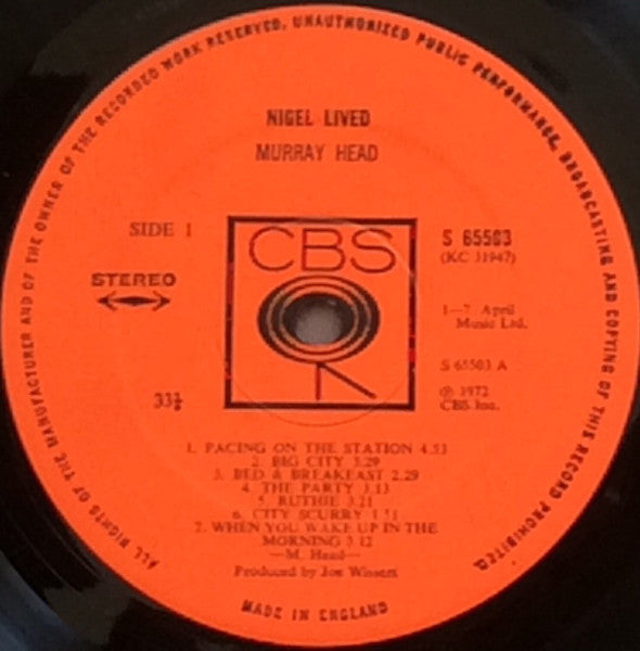Image of Label Cover of LP - VG/VG - MURRAY HEAD, Nigel Lived (CBS; 65503, UK 1972, Gatefold, Stapled In Booklet), , - 2326147E