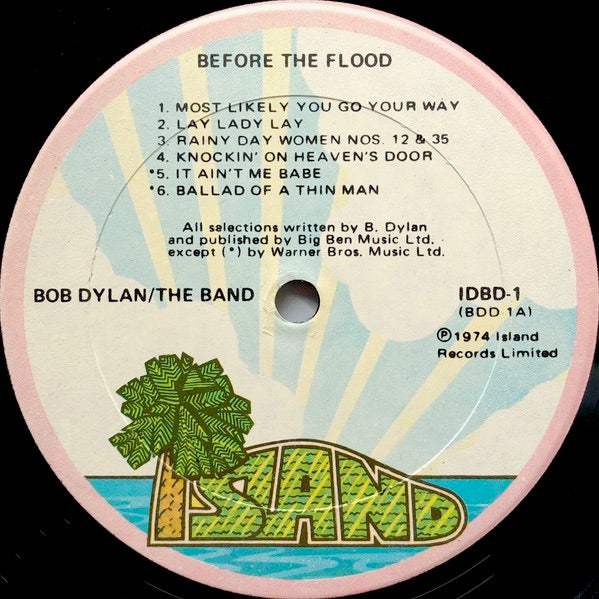 Image of Label Cover of 2xLP - VG/G+ - BOB DYLAN, THE BAND, Before the Flood (Island Pink Rim; IDBD1, UK 1974, Gatefold), Edge and ring wear, creasing. WOL., - 3646068S
