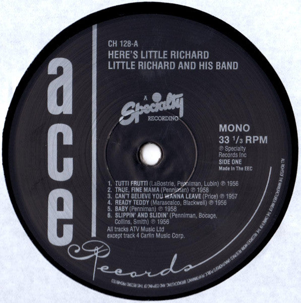 Image of Label Cover of LP - G+/VG+ - LITTLE RICHARD, Here's Little Richard (Ace; CH 128, UK 1985 Reissue, Mono), Sleeve intact but has tear at opening, our price sticker on front and some peeling at title, Clean glossy disc, - 3916335C