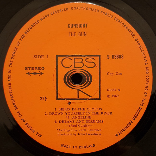 Image of Label Cover of LP - VG+/VG+ - GUN, Gun Sight (CBS Orange (33 1/3 On Label); 63683, UK 1969, Laminated Front Sleeve), Strong VG+ - Nice Copy, Company Inner (Split), - 2826201E