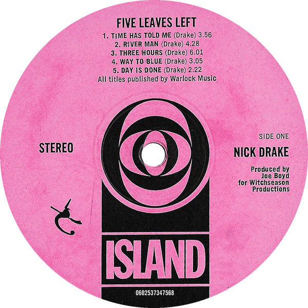 Image of Label Cover of LP - NEW/NEW - NICK DRAKE, Five Leaves Left (Island; 3734756, UK 2013 Reissue, Gatefold, Inner, 180 Gram Vinyl), , It's little wonder why Drake felt frustrated at the lack of commercial success his music initially gathered, considering the help he had on his debut record. Besides fine production from Joe Boyd and assistance from folks like Fairport Convention's Richard Thompson and his unrelated bass counterpart from Pentangle, Danny Thompson, Drake also recruited school friend Rober