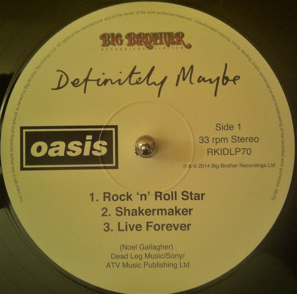 Image of Label Cover of 2xLP - NEW/NEW - OASIS, Definitely Maybe (Big Brother; RKIDLP70, Europe Reissue, Gatefold, 180 Gram Black Vinyl.), , Definitely Maybe is the debut studio album by English rock band Oasis, released by Creation Records on 29 August 1994. It features all five original members and was an immediate commercial and critical success in the UK and US. It went straight to number one in the UK Albums Chart and was certified 8 platinum by the BPI for sales of over 2.4 million units. It helped to