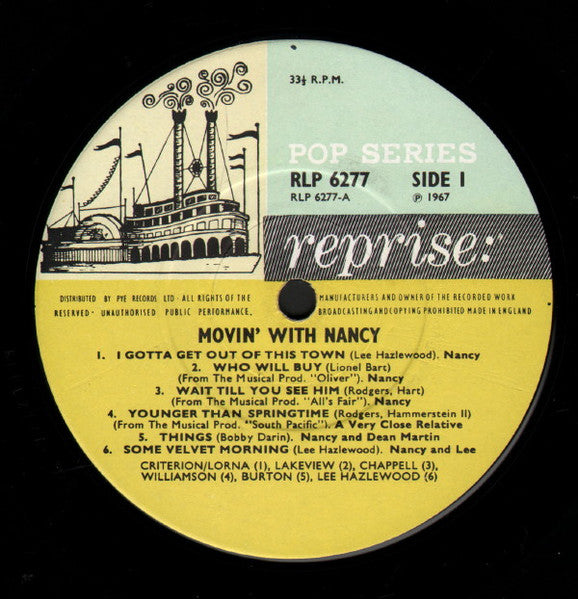 Image of Label Cover of LP - VG/VG - NANCY SINATRA, Movin' with Nancy (Reprise Blue & Yellow Riverboat; RLP6277, UK 1968, Laminated Flipback Sleeve, Mono), , - 1126259E