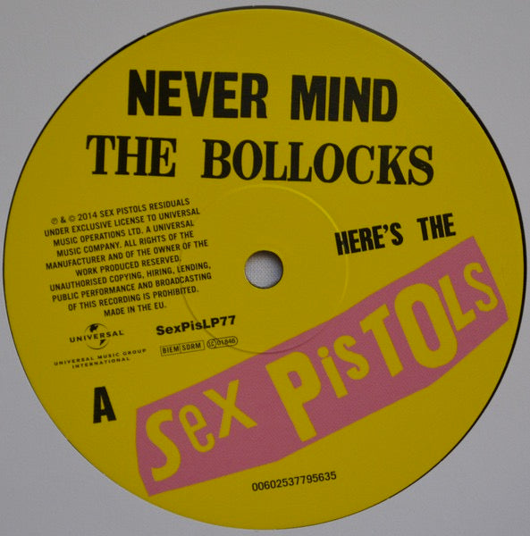 Image of Label Cover of LP - NEW/NEW - SEX PISTOLS, Never Mind The Bollocks (UMC; SEXPISLP77, UK 2014 Reissue, 180 Gram Vinyl), , Never Mind the Bollocks perfectly articulated the frustration, rage, and dissatisfaction of the British working class with the establishment, a spirit quick to translate itself to strictly rock & roll terms. the Pistols paved the way for countless other bands to make similarly rebellious statements, but arguably none were as daring or effective. It's easy to see how the band's ro