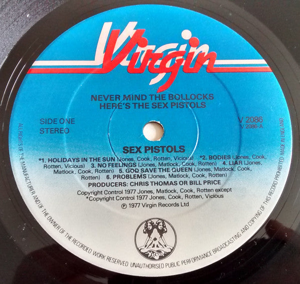 Image of Label Cover of LP - VG/VG+ - SEX PISTOLS, Never Mind The Bollocks (Virgin Blue & White; V 2086, UK 1977, 11 Titles On Rear, Submission On LP), Light Hairlines, Shop Tested And Sounds Great. Light Edge Wear And Discoloured Edges., - 3646317S