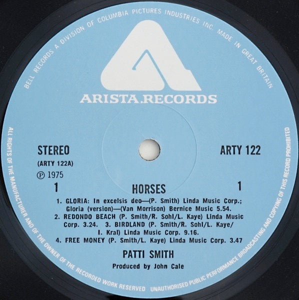Image of Label Cover of LP - G+/G+ - PATTI SMITH, Horses (Arista Blue With White Logo; ARTY 122, UK 1975, EMI Pressing), Intact sleeve but with edge wear and stains on both sides., - 4146099S