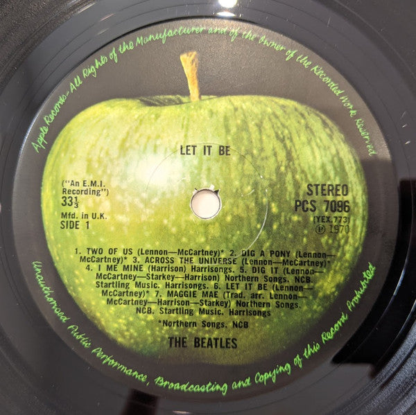 Image of Label Cover of LP - G+/VG - THE BEATLES, Let It Be (Apple Dark Green; PCS7096, UK 1970, Green Apple Logo on Rear Sleeve, Laminated, Lamination Ends Just Before Sleeve Opening, ), Water Damage To Sleeve, - 2526199E