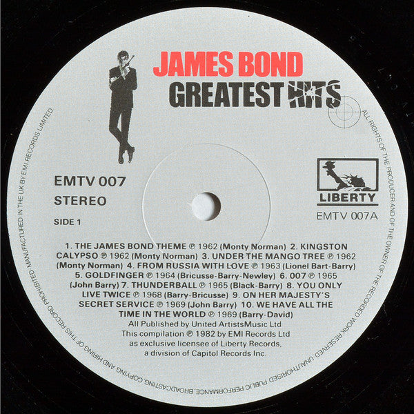 Image of Label Cover of LP - VG+/VG+ - VARIOUS, James Bond Greatest Hits (EMI; EMTV007, UK 1982), , - 2526371E