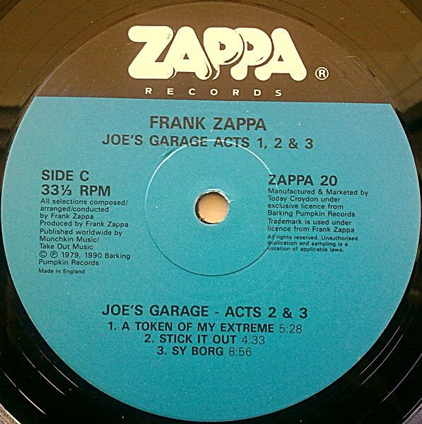 Image of Label Cover of 4715053C: 3xLP - FRANK ZAPPA, Joe's Garage Acts 1, 2 & 3 (Zappa; Zappa 20, UK 1990 Reissue, 2 Gatefold Sleeves Housed in Box Set) A few wispy hairlines, Very small warp to discs, Almost unnoticable when playing, Clean Box VG/VG