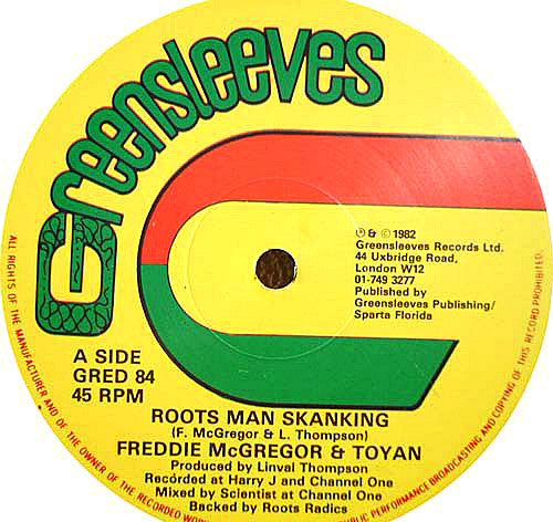Image of Front Cover of 12" - VG+/VG - FREDDIE MCGREGOR & TOYAN / ROOTS RADICS, Roots Man Skanking (Greensleeves Records; GRED 84, UK 1982, Company Sleeve), Light marks only, plays fine. Clean labels., - 1816159C