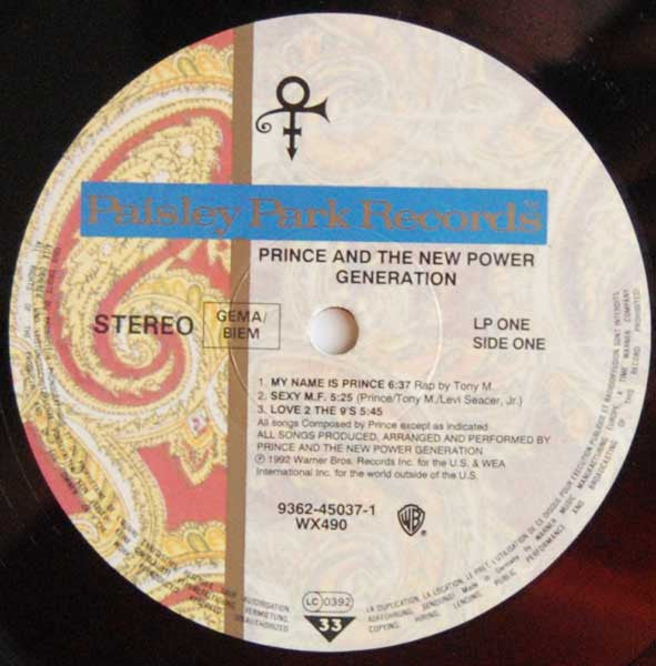 Image of Label Cover of 2xLP - VG+/VG - PRINCE AND THE NEW POWER GENERATION, Love Symbol (Paisley Park; 9362-45037-1, Europe 1992, 2 Inners, Hype Sticker), Discs have some light marks. Sleeve is nicely intact with hype sticker., - 3516353C